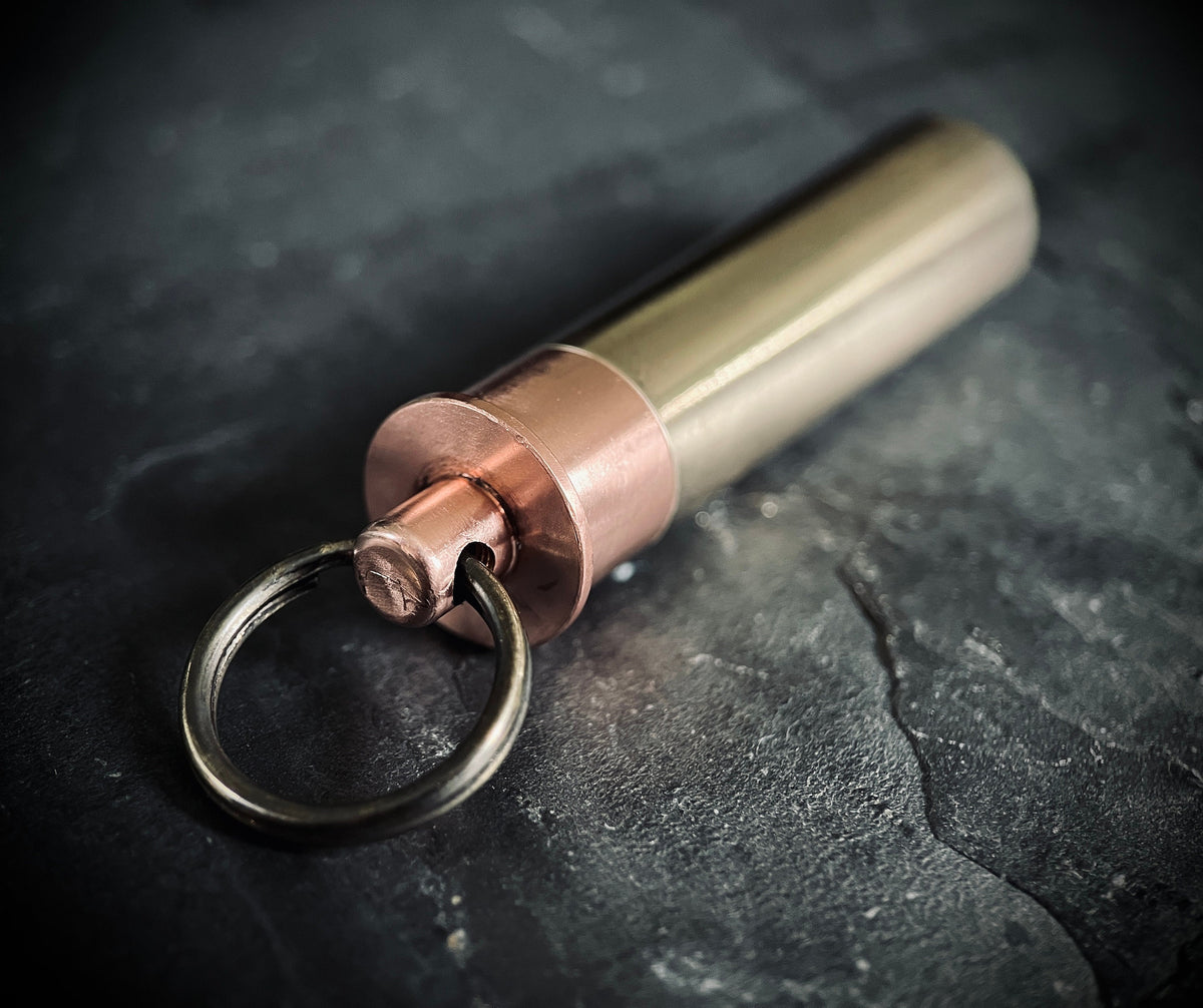 Distressed Brass & Copper Waterproof Shotgun Shell Bullet Pill Bottle Capsule Keychain / Carabiner / Survival EDC / Container / Pocket / SOS
