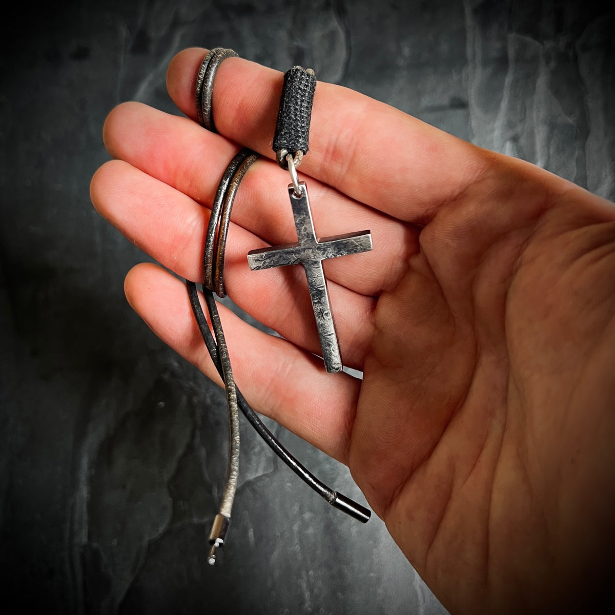 Brutalist Rustic Style 925 Sterling Silver Cross/Crucifix Pendant with Leather Cord Necklace