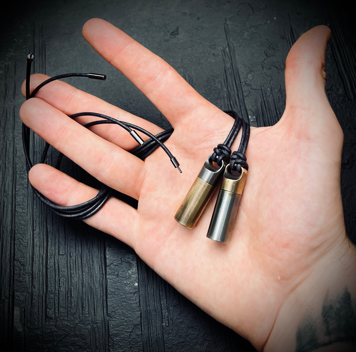 Two-Tone Brass & Stainless Steel Keepsake Necklace: Matching Pair of Stash Capsule Pendants / Couples / Friends