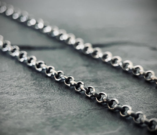 Simple Minimalist 925 Solid Sterling Silver Distressed Oxidised Rustic 22" Inch Rolo Loop Link Chain Necklace