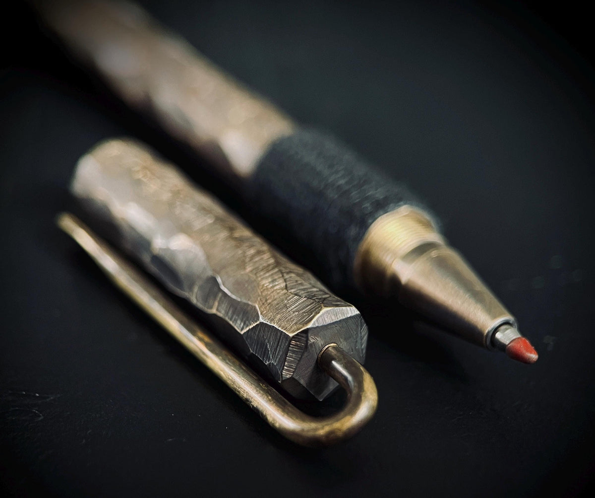 Hammered Distressed Honeycomb Pattern Ballpoint Brass Pen with Grip and Shirt Clip / Accessory / Writer / Notebook / Notes / EDC
