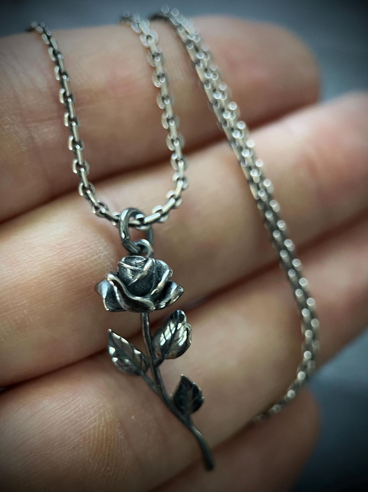 Rustic Oxidised 925 Sterling Silver Rose Pendant & Necklace • Floral Flower Necklace Charm