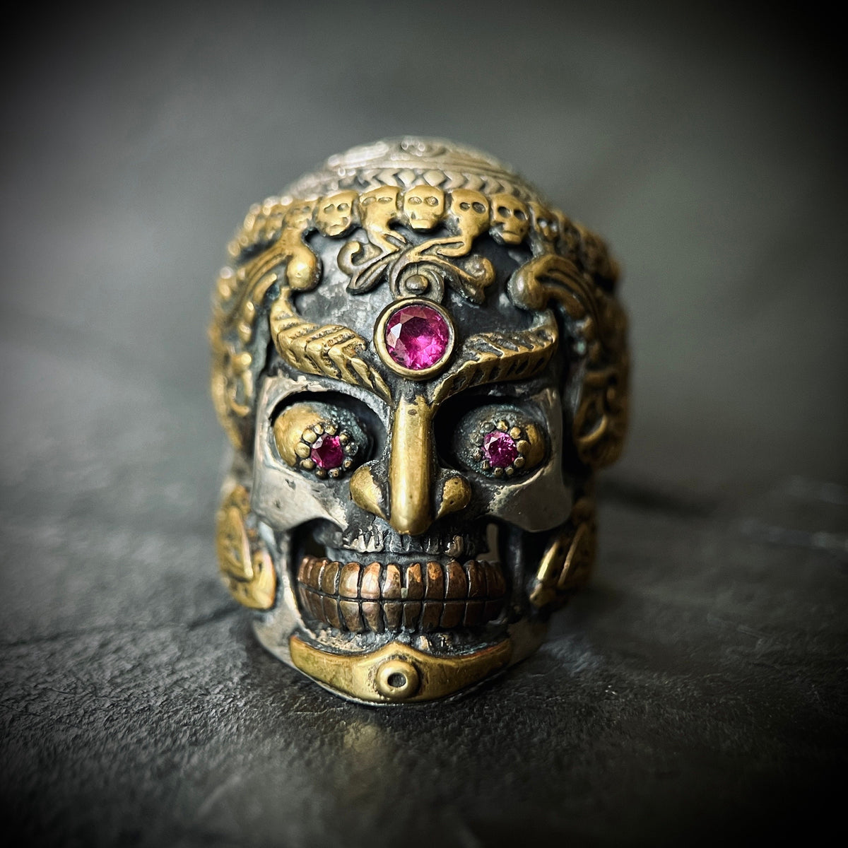 Sterling Silver Tibetan Skull Ring: Handmade Garnet Gemstone Eyes