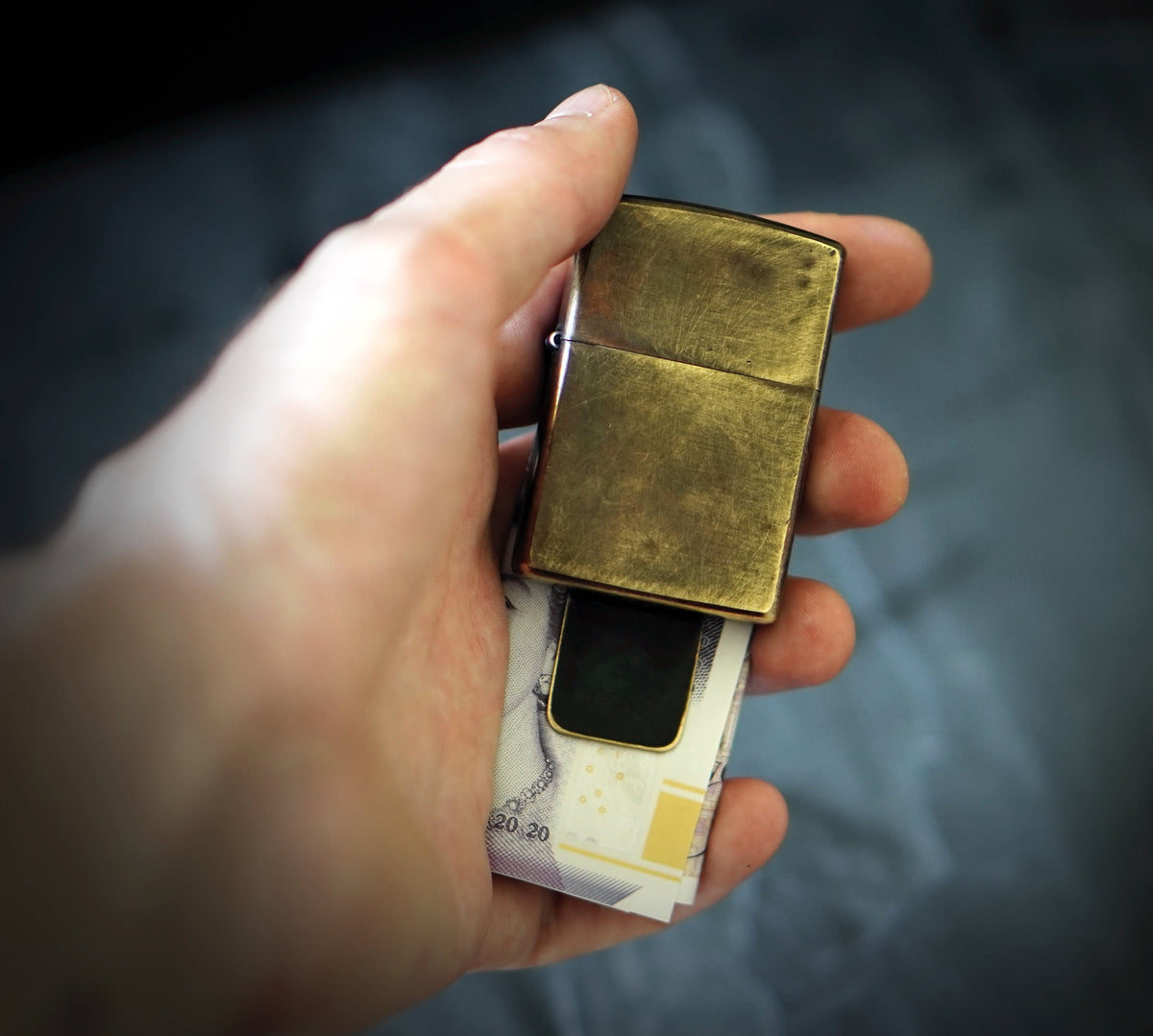 Customised Distressed Oxidised Style Vintage Worn Solid Brushed Brass Metal Zippo Lighter & Money Clip Wallet Accessory / EDC