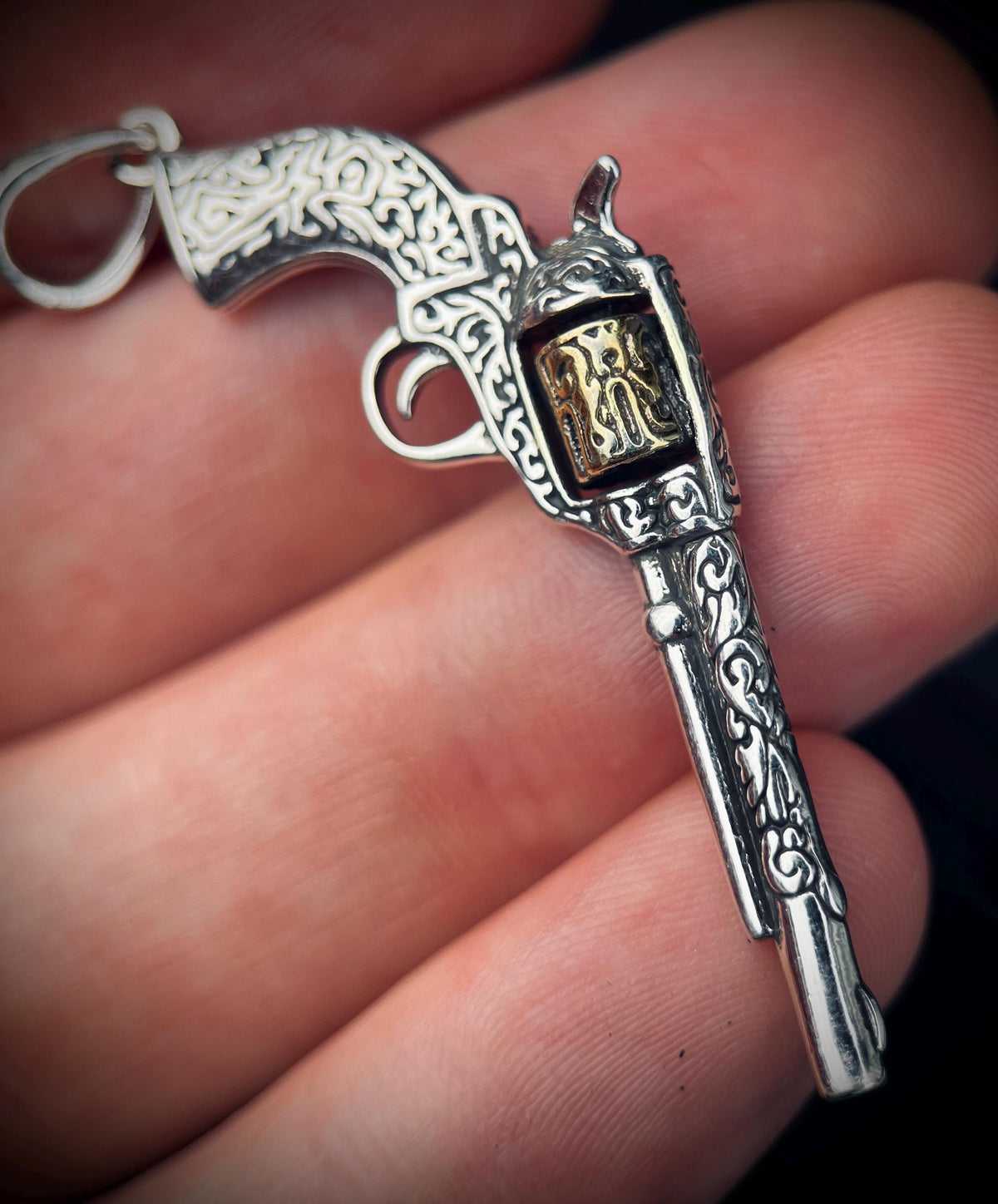 Ornate Engraved Stainless Steel Silver Outlaw Cowboy Revolver Gun Pendant with Gold Plated Cylinder