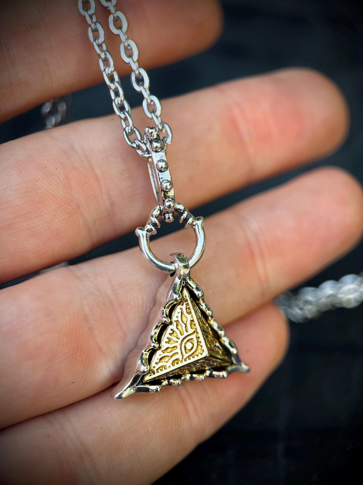 Egyptian Eye of Horus Golden Copper Pyramid and Silver Plated Pendant with Matching Necklace