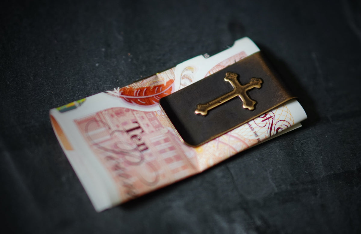 Handmade Distressed Brass Money Clip: Oxidized Cross Crucifix Design