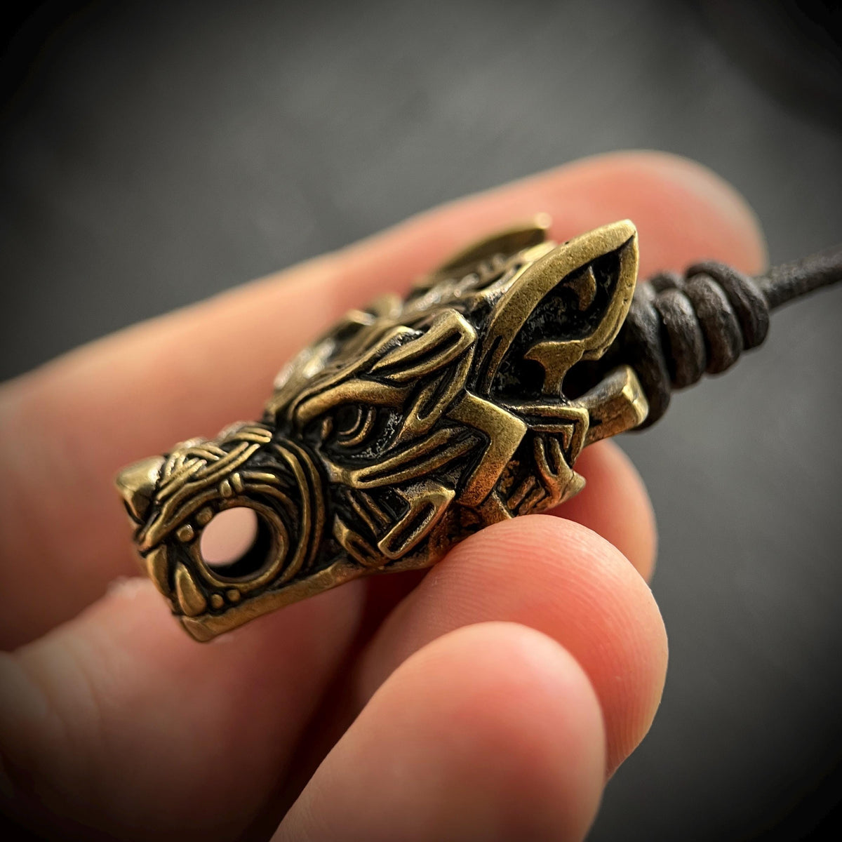 Rustic Brass Celtic Wolf Pendant & Black Distressed Leather Cord Necklace