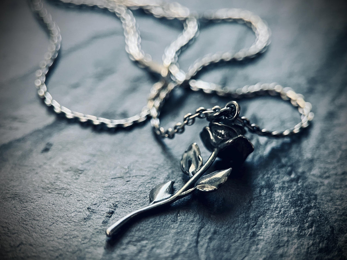 Rustic Oxidised 925 Sterling Silver Rose Pendant & Necklace • Floral Flower Necklace Charm