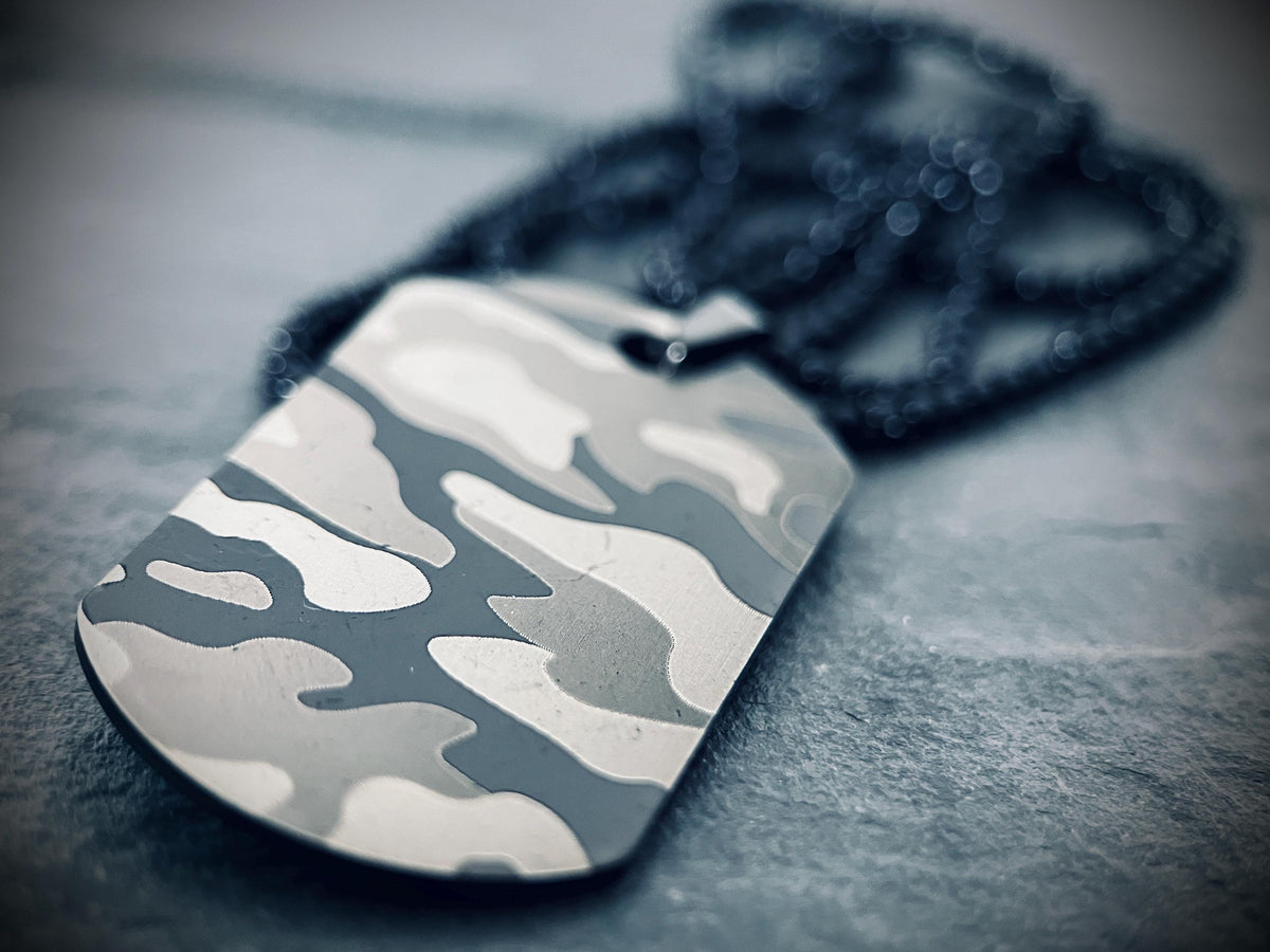 Matte Snow White Camo Dog Tag Necklace: Stainless Steel Metal Pendant with 24" Chain