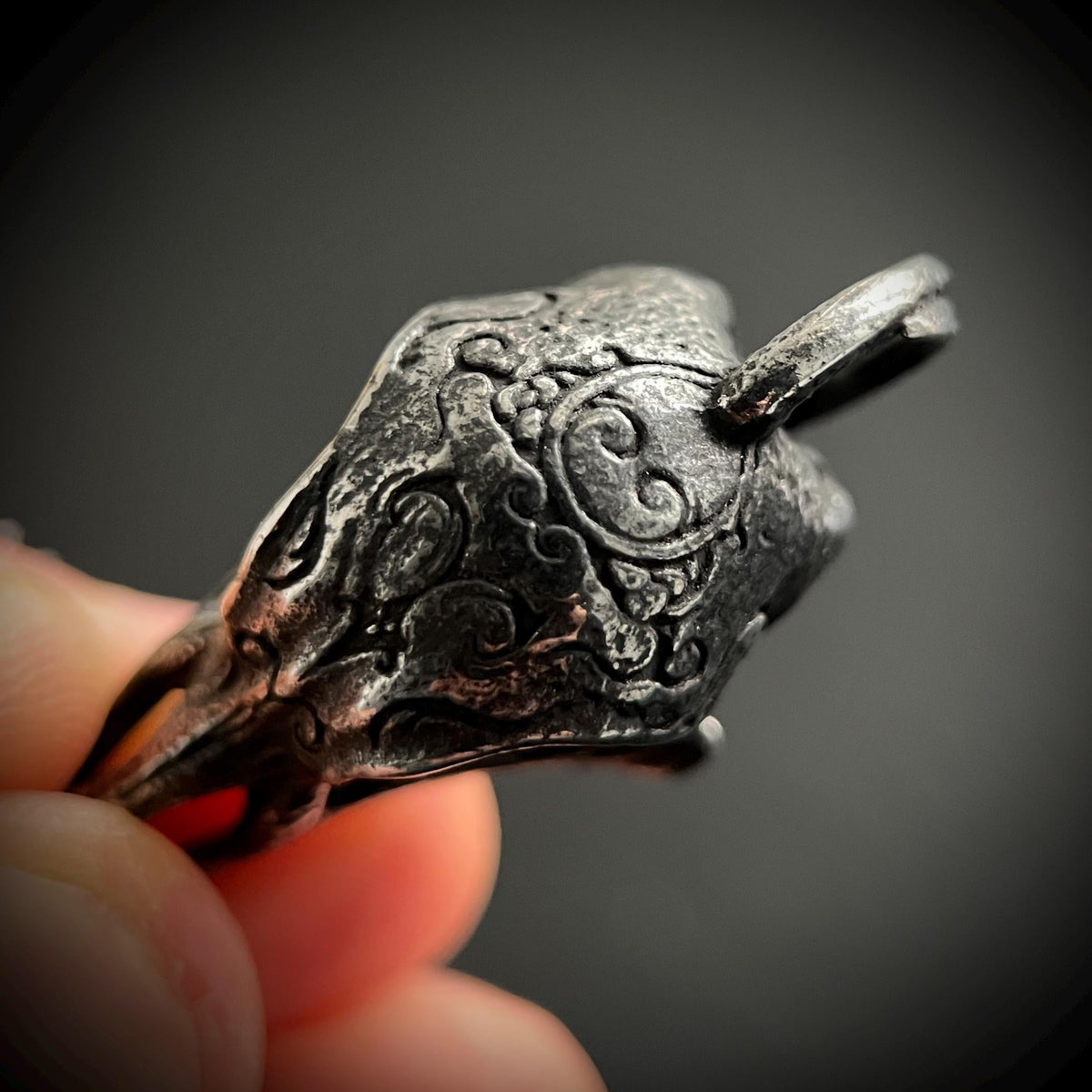 Oxidised Blackened Stainless Steel Crow Skull Amulet Ornate Pendant