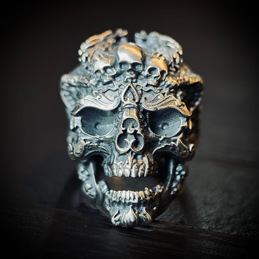 Distressed 925 Solid Sterling Silver Chunky Highly Detailed Ornate Handmade Carved Dragon Skull Ring