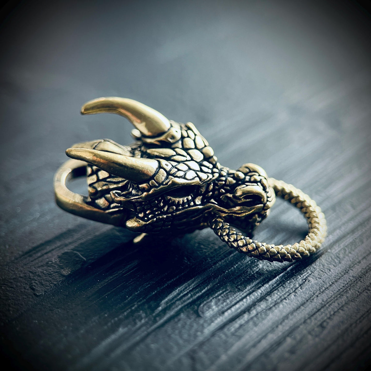 Oxidised Brass Dragon Head Charm Amulet Pendant – Rustic Black & Gold Finish