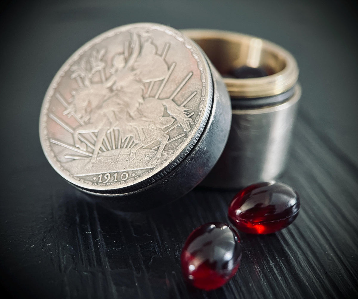 Handmade Silver Peace Knight Peso Caballito Dollar Hobo Coin Brass Pill Bottle Stash Capsule Container / Pot / EDC / Medicine / Snuff Box
