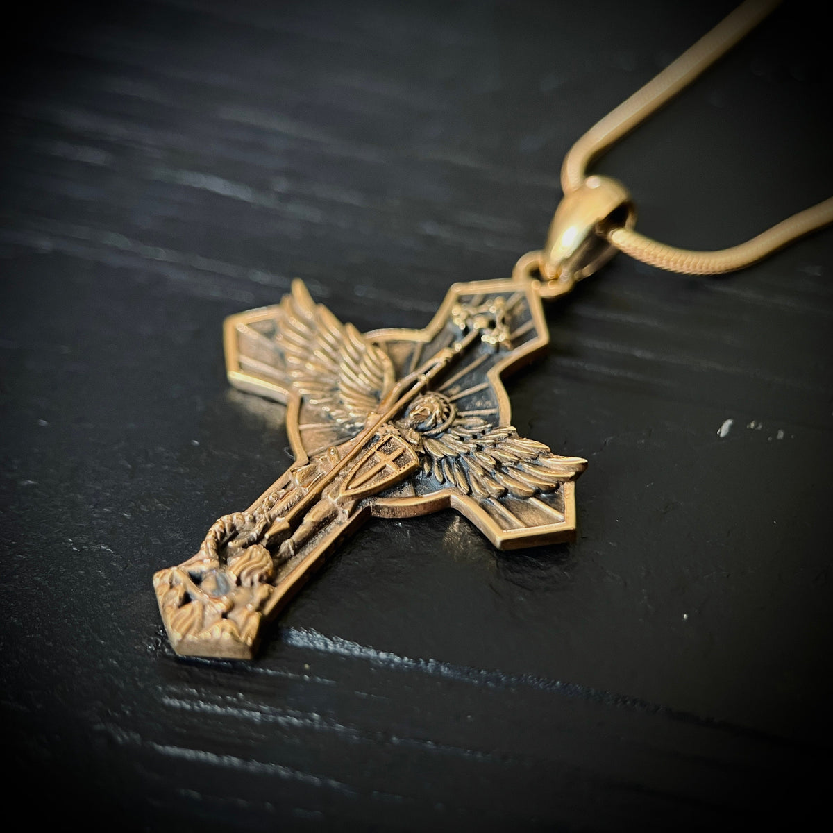 Archangel - 24ct Gold Handmade Saint Michael "Protect Us" Pendant & Matching Snake chain Necklace with Presentation Gift Box