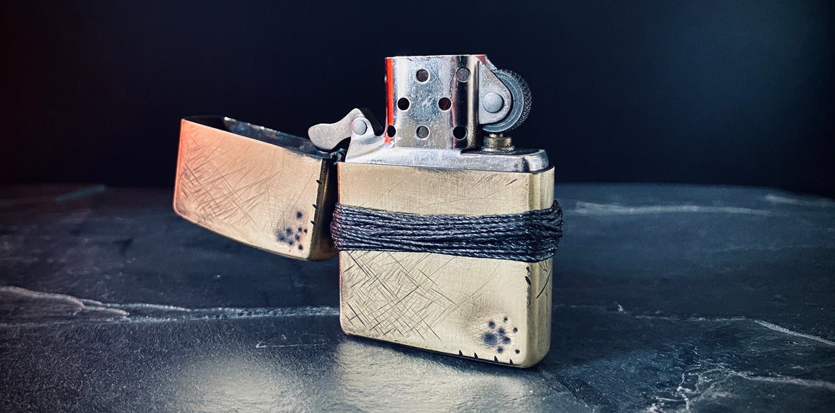 Customised Distressed & Oxidised Battle Damaged Vintage Style Gold Brass Zippo Lighter with Rope Grip / EDC / Everyday Carry