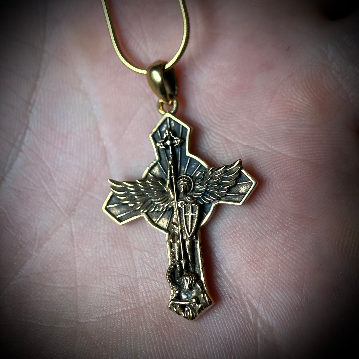 Archangel - 24ct Gold Handmade Saint Michael "Protect Us" Pendant & Matching Snake chain Necklace with Presentation Gift Box