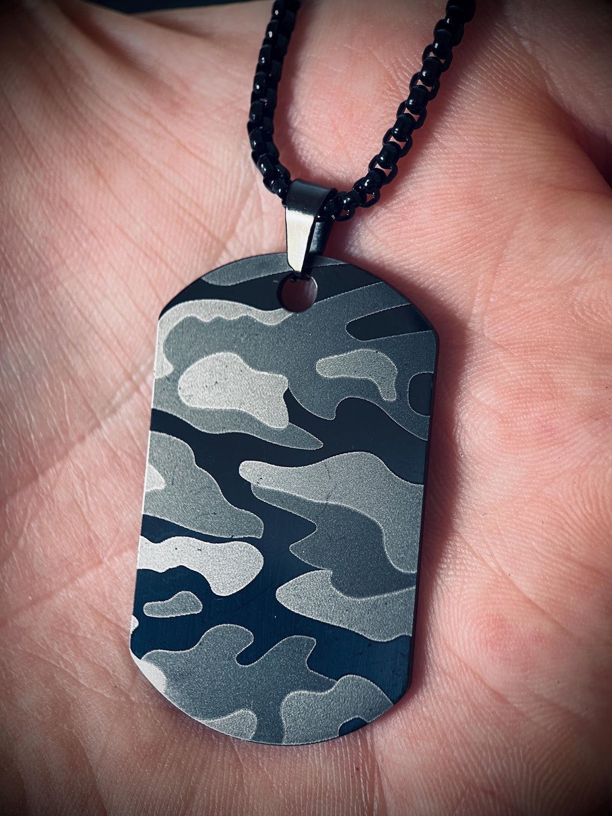Matte Snow White Camo Dog Tag Necklace: Stainless Steel Metal Pendant with 24" Chain