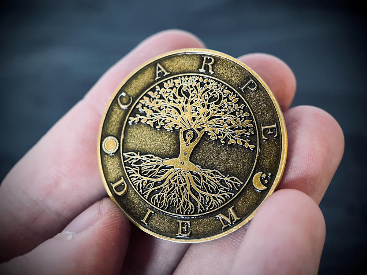 Lucky Ornate Carpe Diem Memento Mori Double Sided Tree of Life Coin | Accessory | Anxiety Relief | Fidget | Everyday Carry | Spirituality