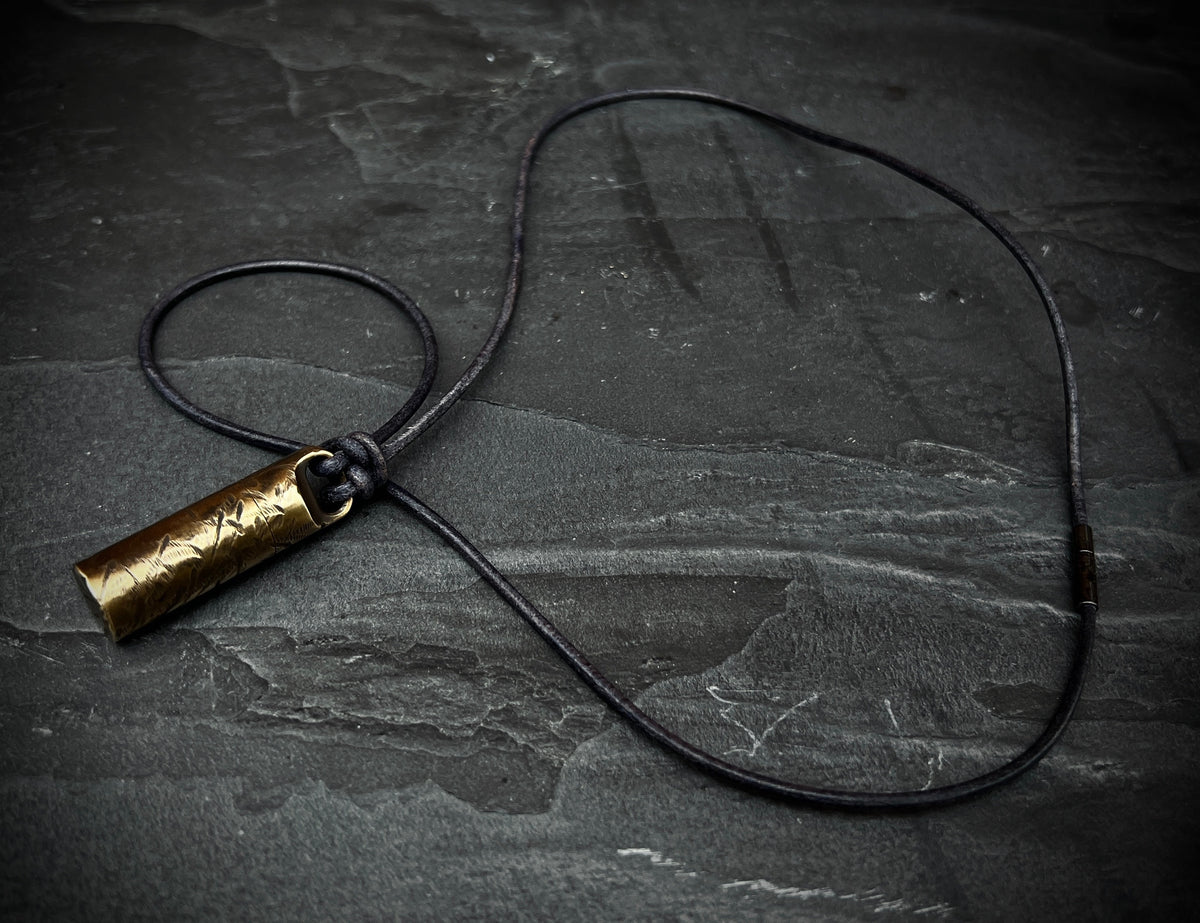 Solid Brass Small Pill Vial Cracked Effect Heavily Distressed Shotgun Shell Capsule Stash Urn Pendant with Leather Cord Necklace / EDC