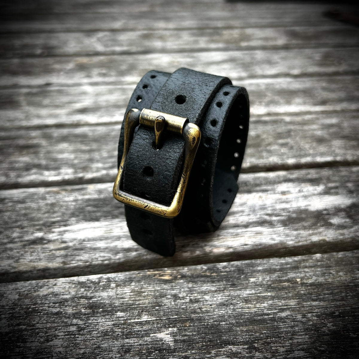 Artisan Handmade Road Rash Black Worn Out Distressed Relic Leather Wristband Cuff Bracelet Accessory with Oxidised Solid Brass Buckle Strap