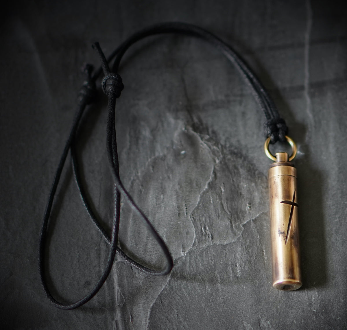 Rustic Handmade Brass Secret Stash Bullet Capsule Pendant Necklace with Engraved Cross & Custom Lettering