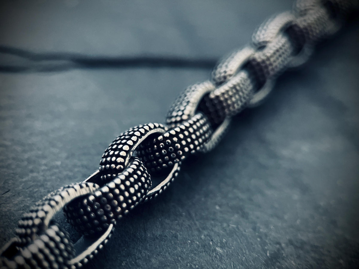 Oxidized Stainless Steel Chunky Chain Bracelet: Embossed Dot Link, Rustic Mens Jewelry