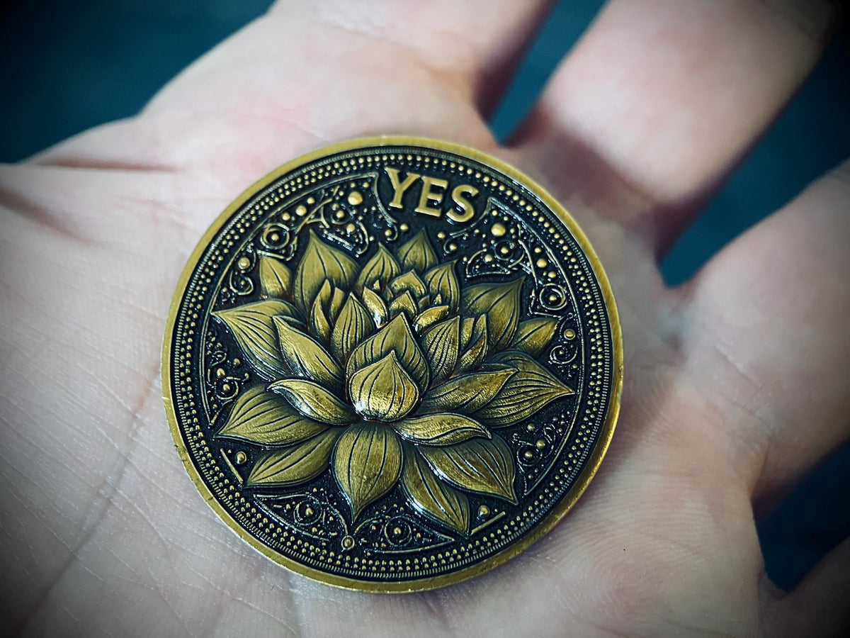 Ornate Brass Decision Coin | Lotus & Phoenix, Yes No Fidget