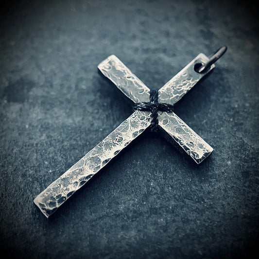 Rustic Hammered 925 Sterling Silver Cross Crucifix Pendant: Distressed Oxidised Finish