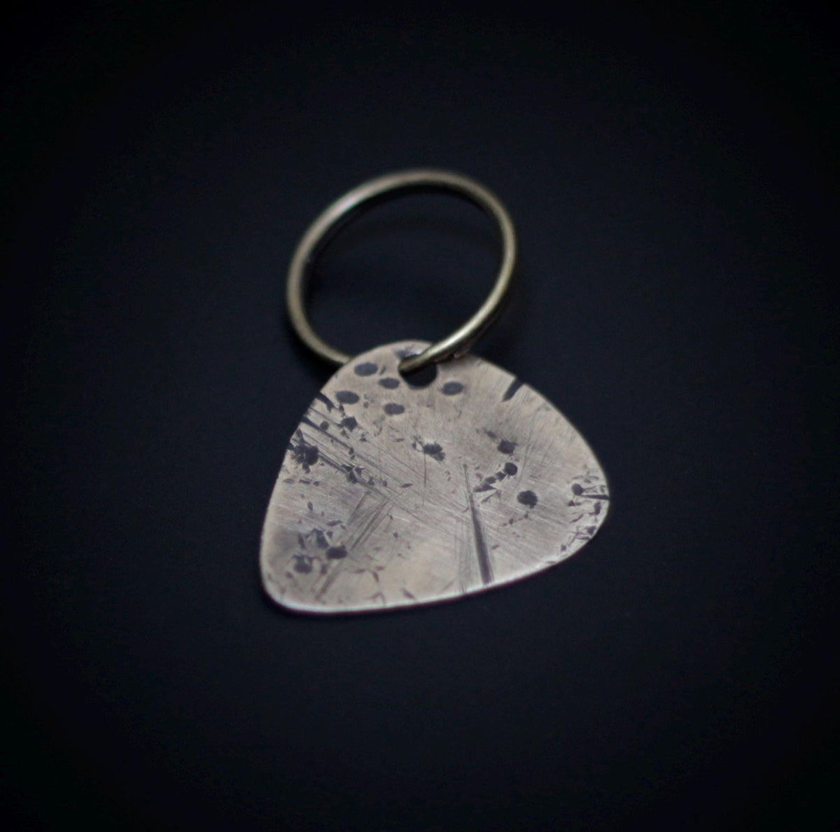 Custom Rustic Aged Brass Engraved Distressed Patina Guitar Pick Keychain