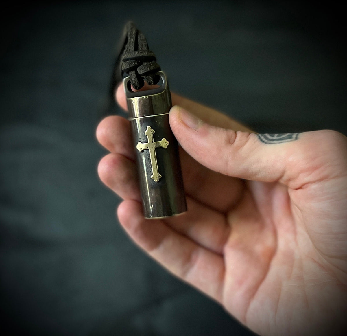 Rustic Brass Shotgun Shell Stash Capsule Necklace - Large Cross Crucifix Pendant