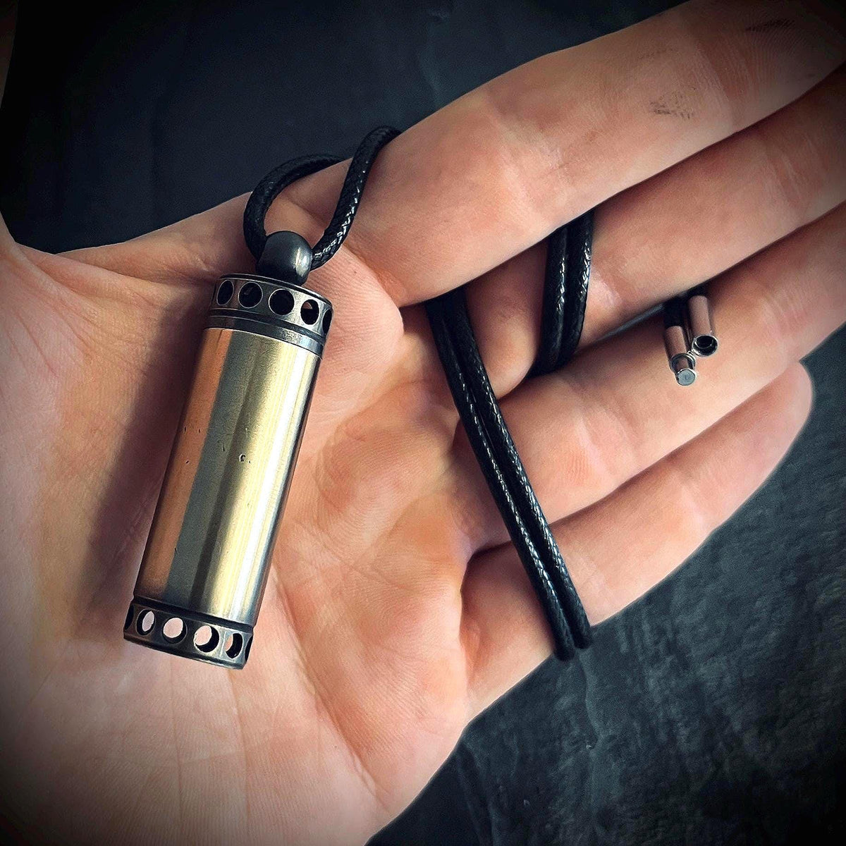 Handmade 2-Tone Shotgun Shell Rustic Distressed Brass Vial Cremation Stash Capsule Pendant with Black Rope Cord Necklace / Keepsake / Locket