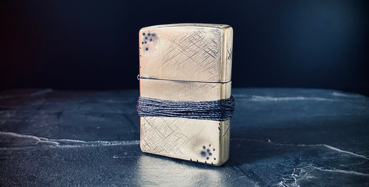 Customised Distressed & Oxidised Battle Damaged Vintage Style Gold Brass Zippo Lighter with Rope Grip / EDC / Everyday Carry