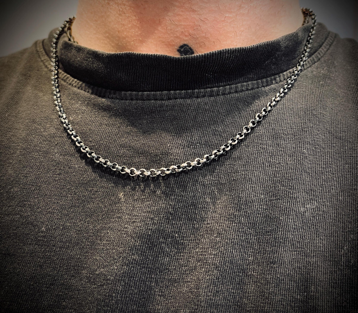 Simple Minimalist 925 Solid Sterling Silver Distressed Oxidised Rustic 22" Inch Rolo Loop Link Chain Necklace