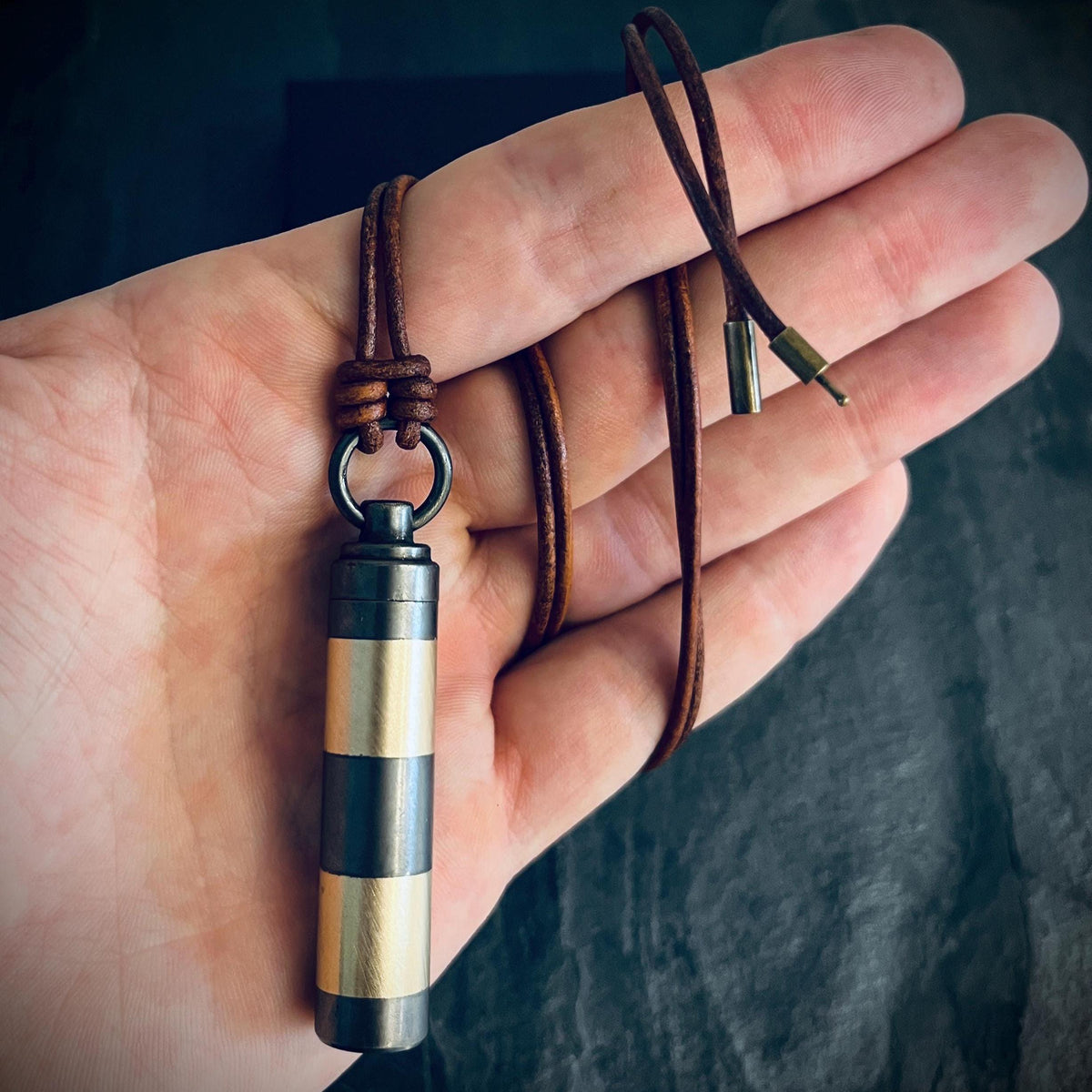 Handmade Striped 2-Tone Brass Cremation Capsule Pendant: Rustic Keepsake Stash Necklace & Brown Leather Cord
