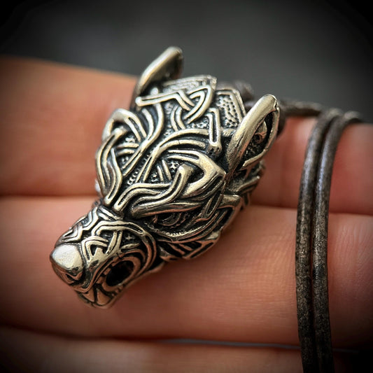 Rustic Silver Stainless Steel Celtic Wolf Pendant & Black Distressed Leather Cord Necklace