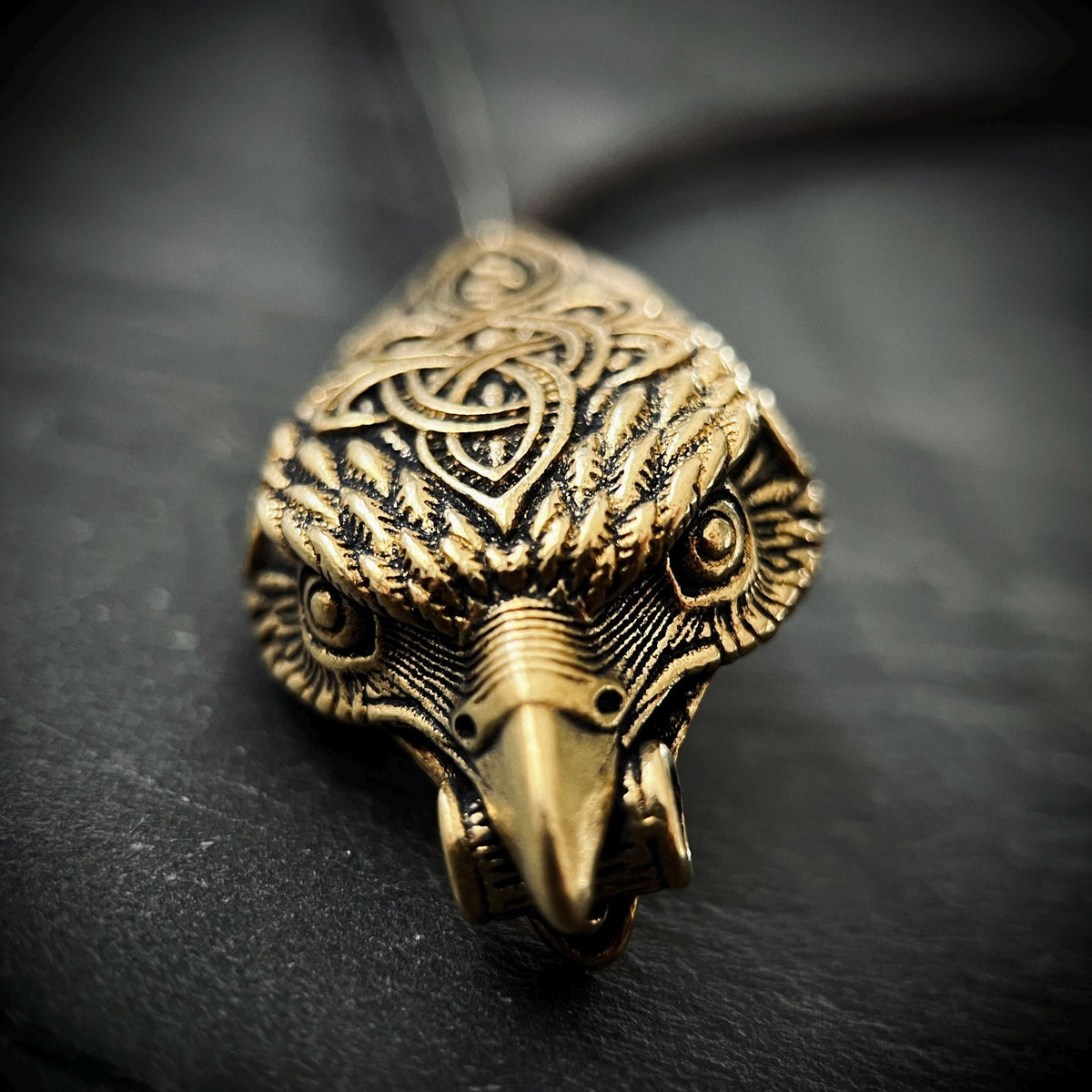 Rustic Brass Celtic Golden Eagle Bird Head Pendant & Black Distressed Leather Cord Necklace