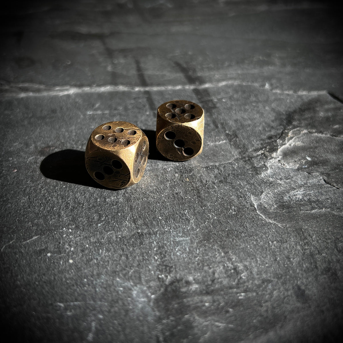 Custom Solid Heavy Brass Metal Dice Set with Distressed Aged Vintage Old Finish / EDC / Pocket Accessory / Poker / Gambler / Card Game