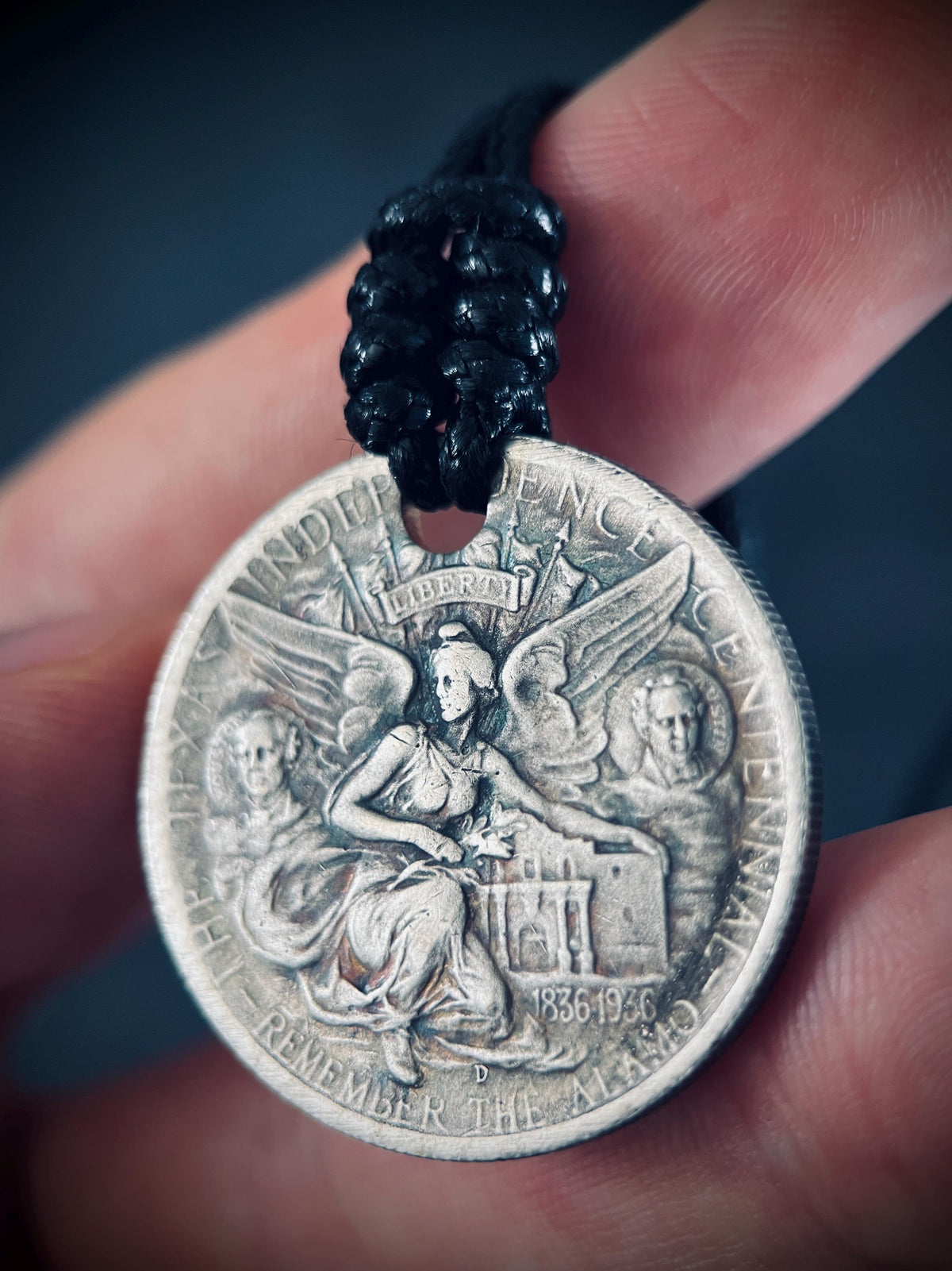 Ornate Rustic Silver Angel Medallion Pendant with Black Adjustable Cord Necklace