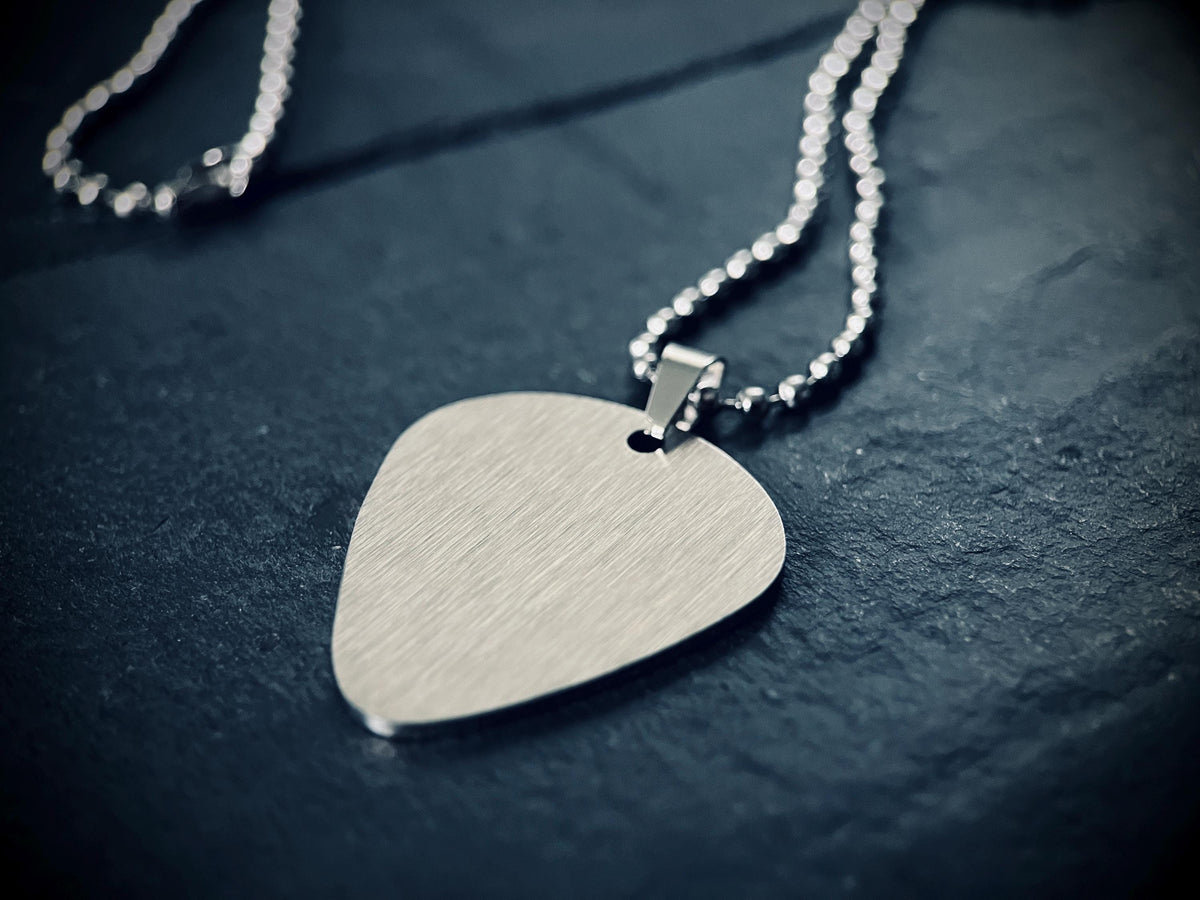 Minimalist Simple Brushed Stainless Steel Matte Silver Chrome Guitar Pick Pendant with Matching Ball Chain Necklace / Guitarist / Musician