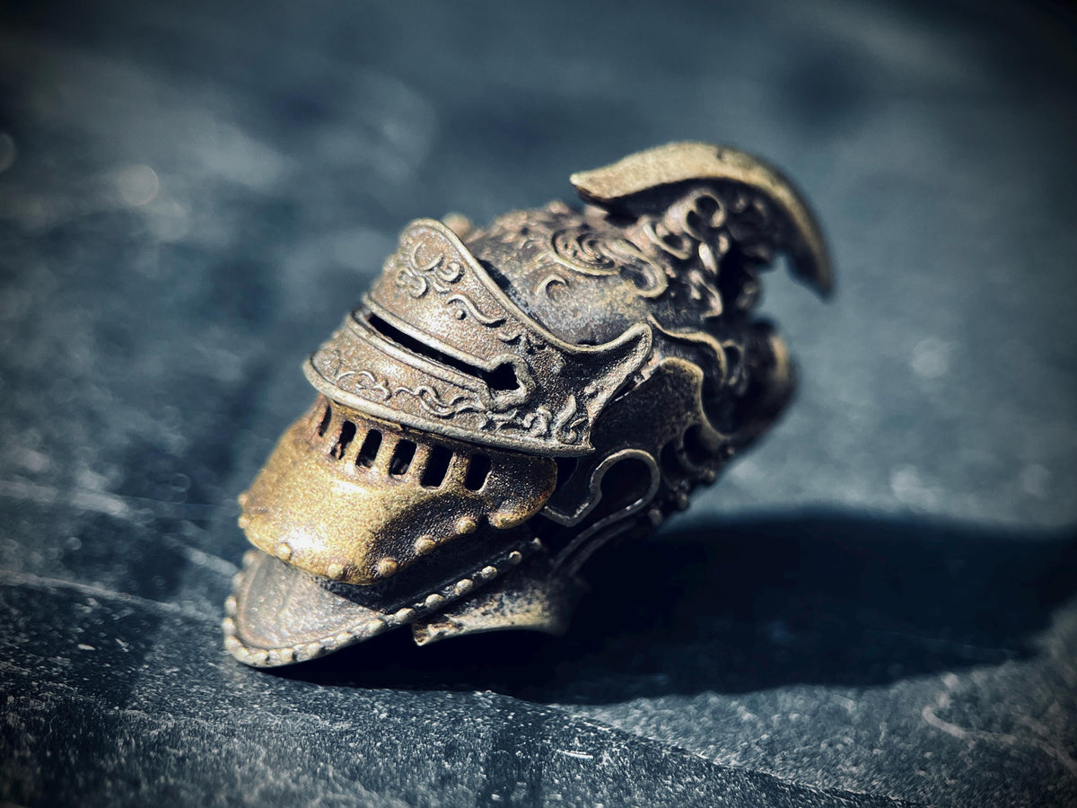 Ornate Highly Detailed Carved Distressed Aged White Brass Templar Knight Helmet Skull Pendant