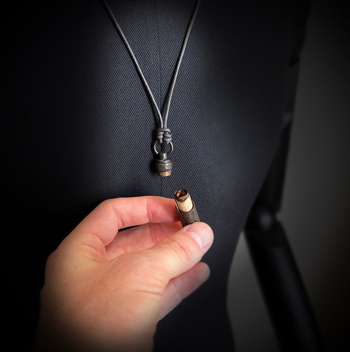 Heavily Distressed 2-Tone Contrast Patina Brass Secret Stash Vial Capsule Pendant & Leather Cord Necklace / Bullet / Rustic / Rocker / Boho