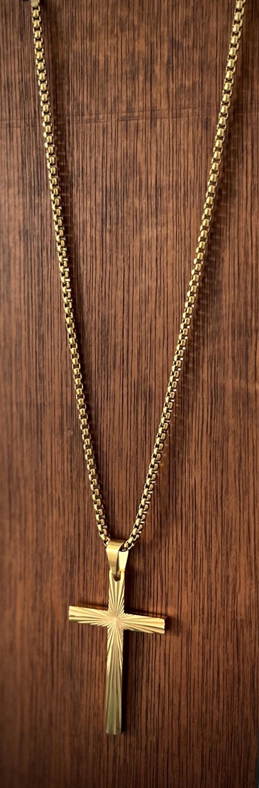 Gold Stainless Steel Ornate Engraved Pattern Cross Pendant & Necklace - Boxy Style