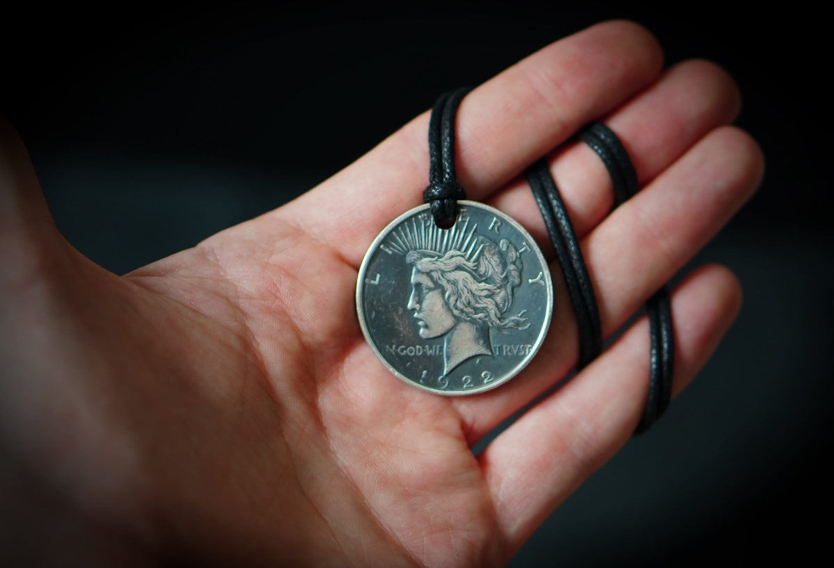 Peace Dollar Pendant: Distressed Lady Liberty Coin Medallion with Adjustable Leather Cord Necklace