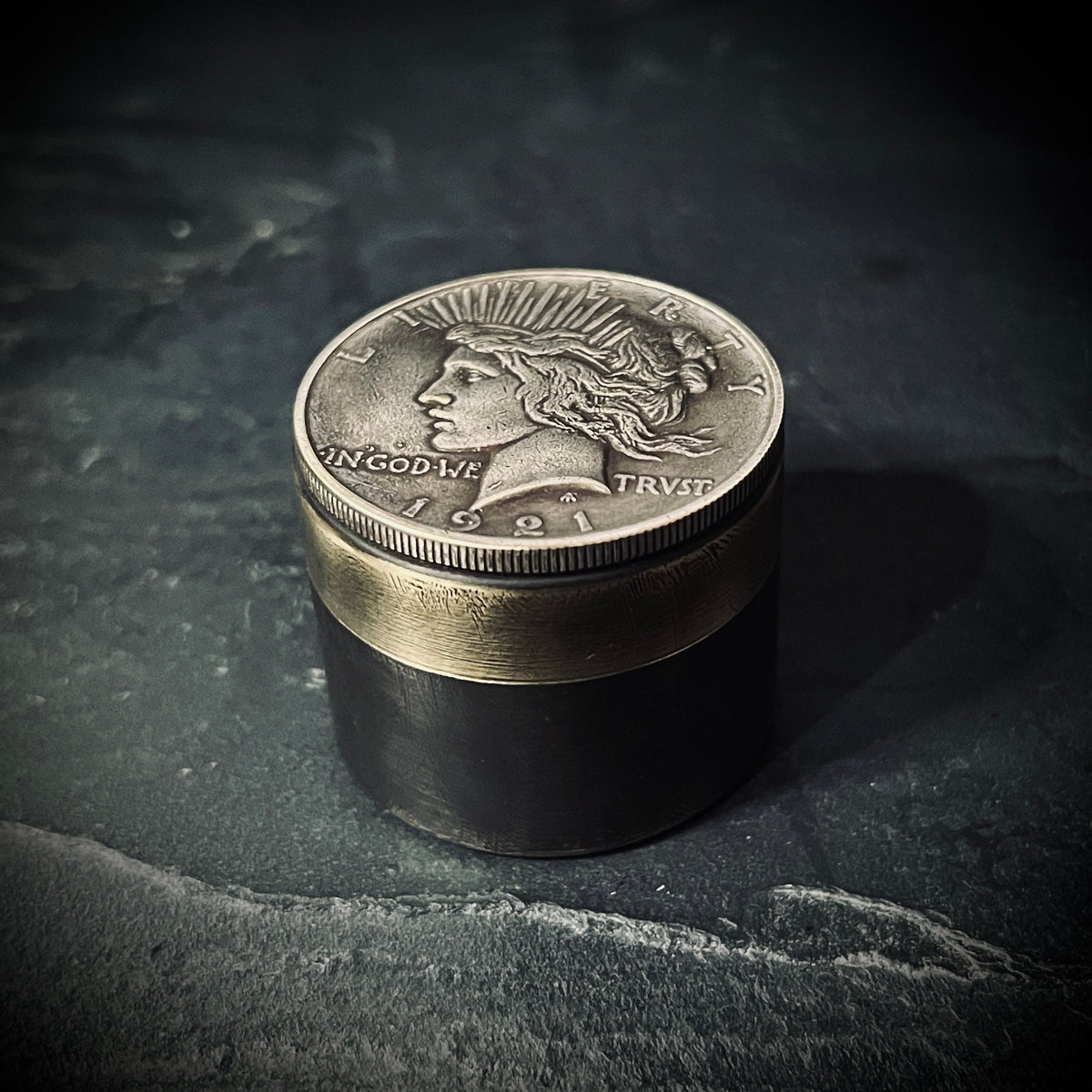 Handmade Brass Stash Box: Silver Hobo Coin Peace Dollar, Lady Liberty Pill, Medication Container