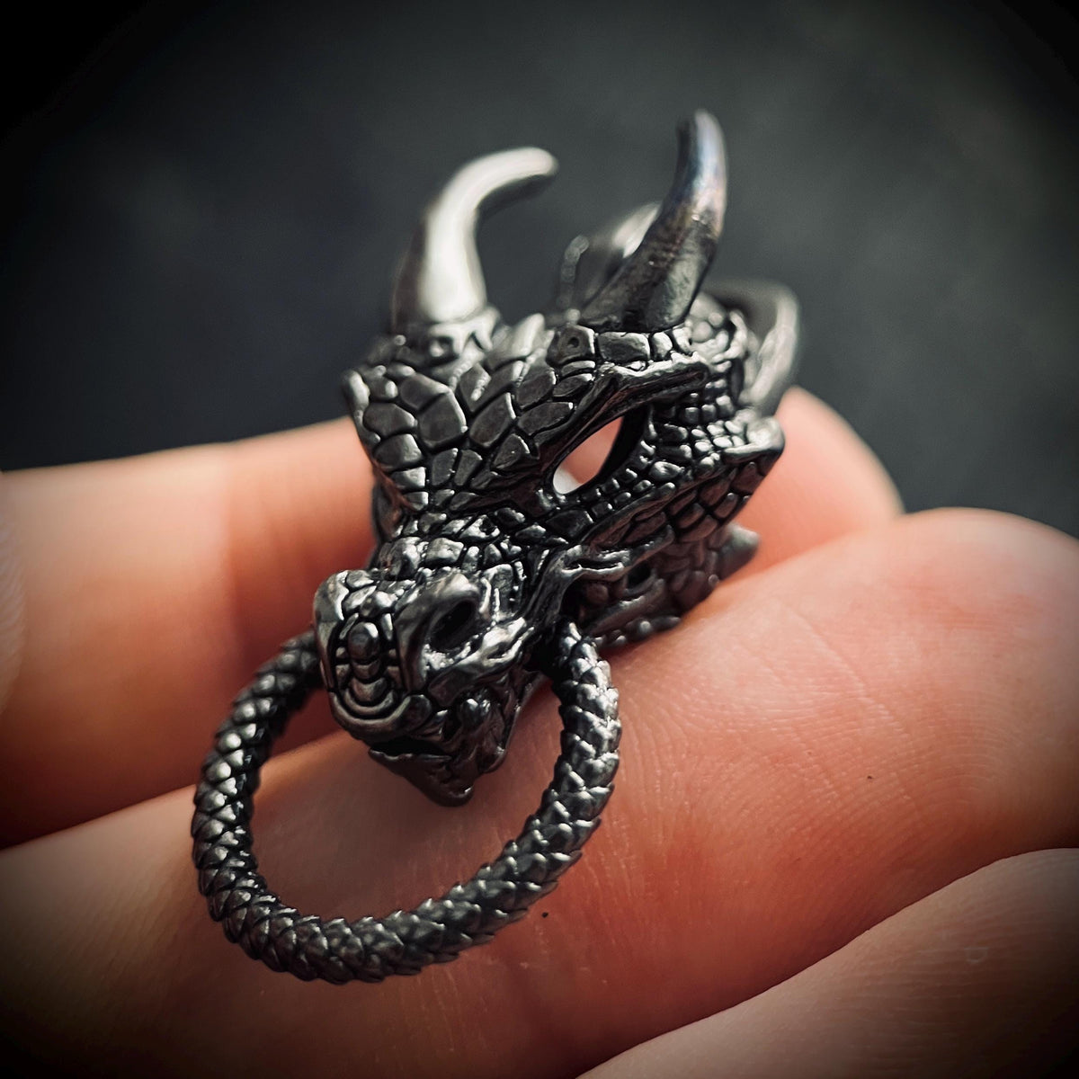 Black Oxidised Blackened Dark Steel Ornate Dragon Amulet Pendant