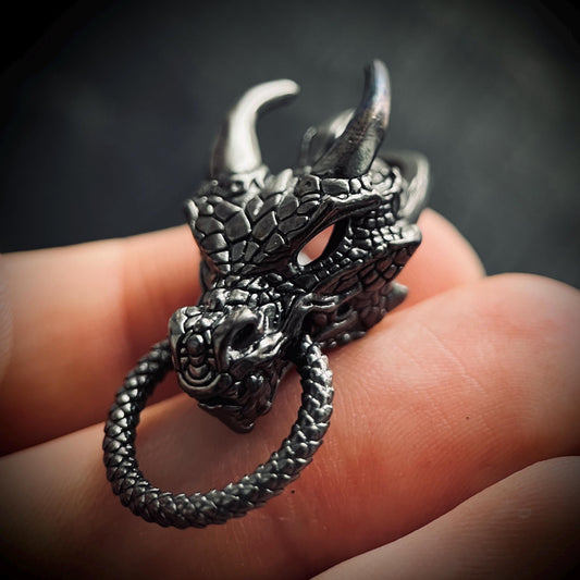 Black Oxidised Blackened Dark Steel Ornate Dragon Amulet Pendant
