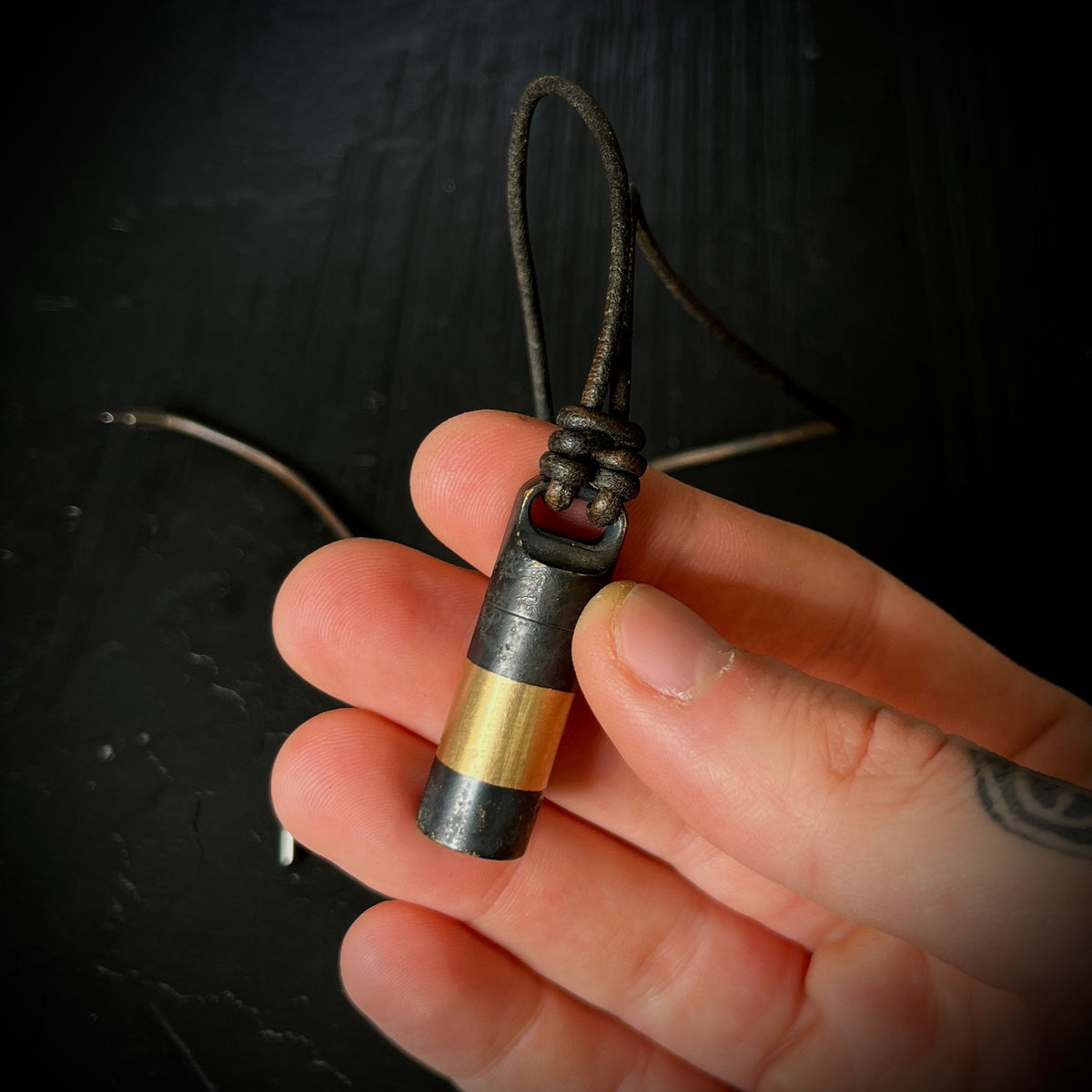 Rustic Brass 2-Tone Black & Gold Contrast Small Pill Vial Distressed Capsule Stash Urn Pendant with Leather Cord Necklace / EDC