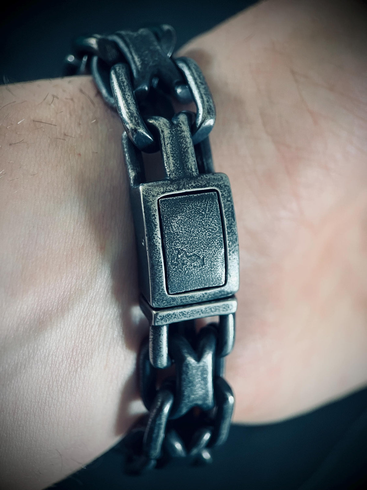 Mens Chunky Blackened Stainless Steel Chain Bracelet: Heavy Duty Oxidized Finish