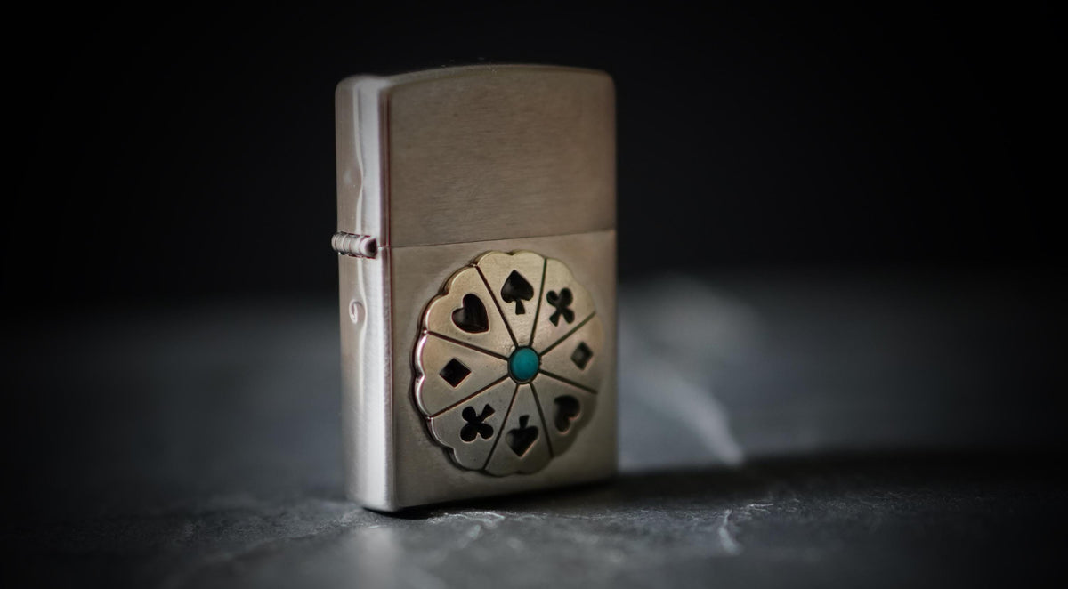 Customised Brushed Silver Chrome Zippo Lighter with Playing Card Wheel Emblem Badge